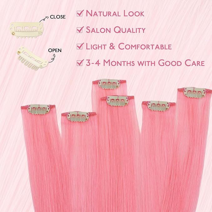 WENNALIFE Peach Pink Clip in Hair Extensions Real Human Hair 35g 6pcs 20 Inch Colored Hair Extensions for Kids Women Colorful Hair Pieces Pop-up Style Straight Extensiones De Cabello Humano Con Clip
