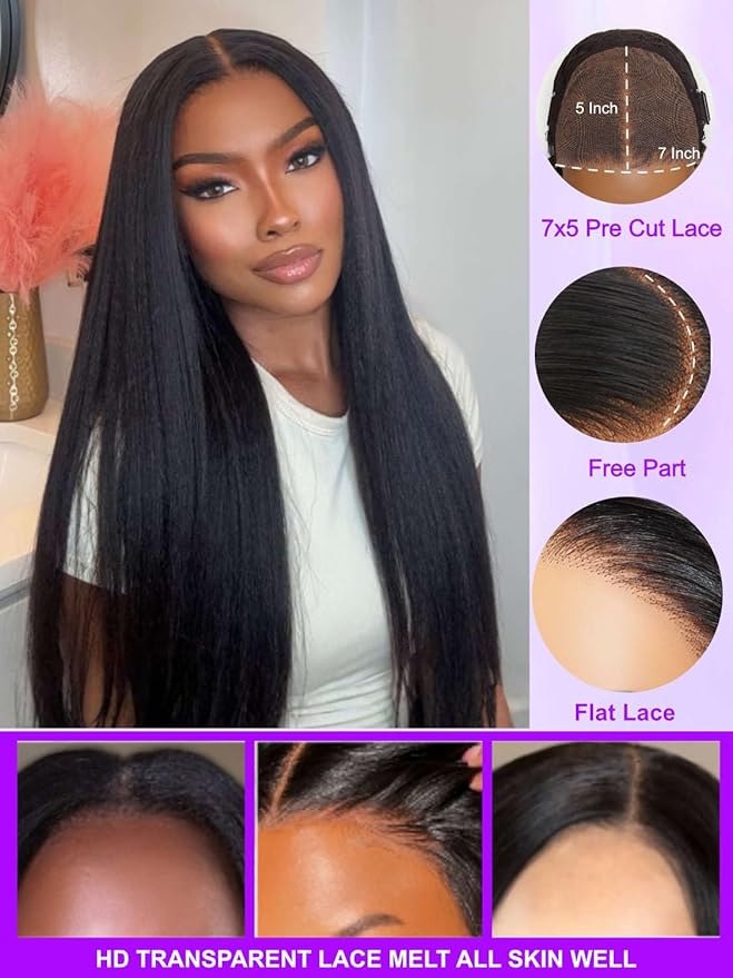 YIROO No Slip 7x5 Bye Bye Knots Yaki Straight Lace Front Glueless Drawstring Wig Human Hair with Deep Stretch Cap Fits All Head Sizes,Pre-Plucked Pre-Cut Wear and Go Wig for Women 150% Density 16Inch