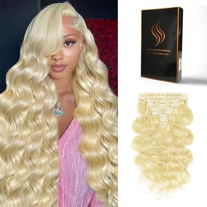 Clip in Hair Extensions Real Human Hair Body Wave 613 Bleach Blonde Clip in 100% Brazilian Remy Human Hair Extensions 8pcs Per Set with 18 Clips Double Weft 18 Inch 100g/3.6oz