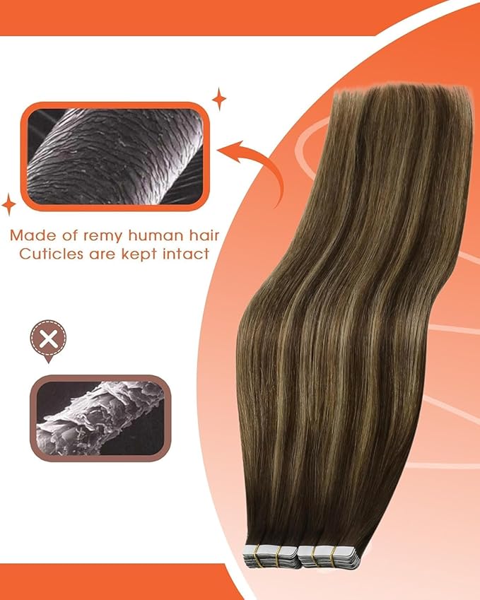 Sunny Hair Tape in Hair Extensions Real Human Hair Invisible Remy Hair Extensions Tape ins for Women Dark Brown Ombre Caramel Blonde Balayage 12 inch 20G