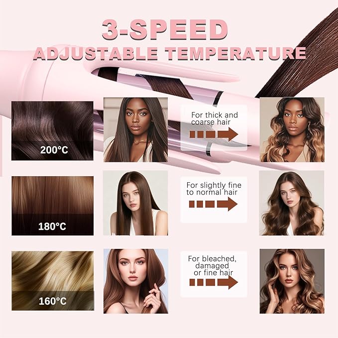 3 in 1 Hair Curler Automatic Rotating - Automatic Curling Iron with 3 Curling Barrels (1.1" - 1.25" - 1.5"), Rotating Curling Iron with 3 Temp - Anti-Scald，Tangle-Free，Lightweight for Travel（Pink）