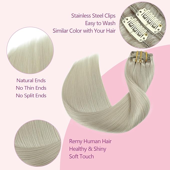 PINKPEARL Clip in Hair Extensions Real Human Hair, 20 Inch 120g 7pcs #1000 Gray Blonde Human Hair Extensions Clip Ins, Remy Hair Clip ins(#1000-20)