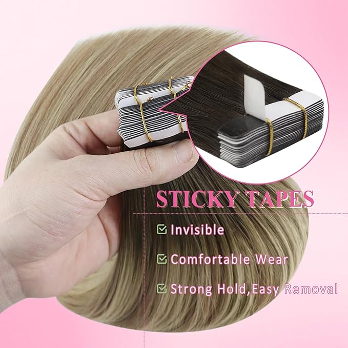 YoungSee Human Hair Tape in Extensions Brown Balayage Tape in Hair Extensions Real Human Hair Brown Ombre Blonde with Medium Brown Tapes Human Hair Extension Silky Straight 20 Inch 20pcs 50g
