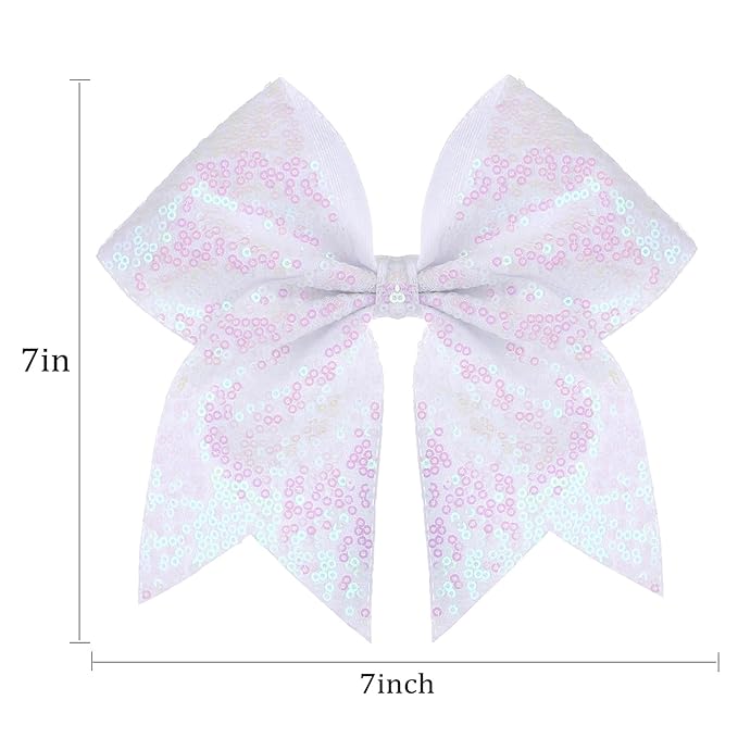 Large Glitter Cheer Bows Clips, Jumbo Big 7 Inch Cheerleading Sequin Hair Bow Hair Accessories for Teens Girls Football Sports Cheerleader Outfit Uniform (White)