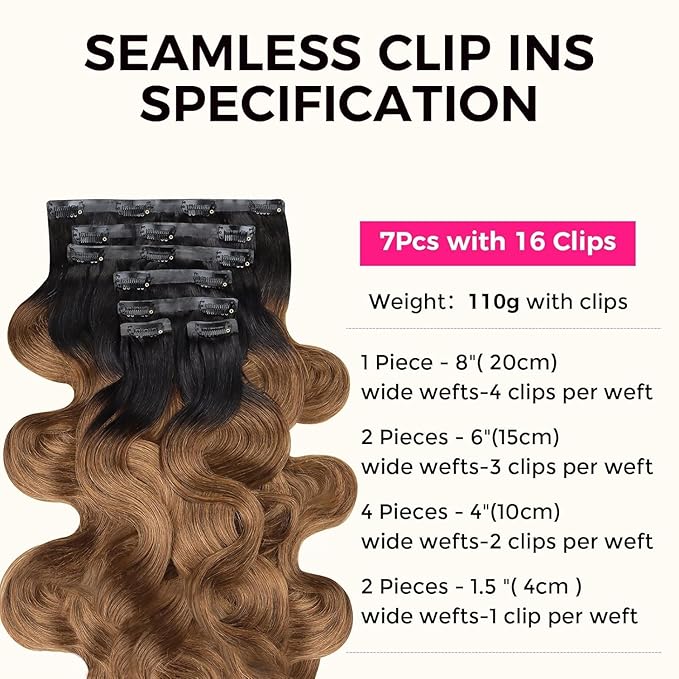 Lashey Seamless Clip in Hair Extensions Human Hair 18 Inch 110g 7pcs Body Wave Ombre Natural Black to Medium Auburn PU Clip in Hair Extensions for Women