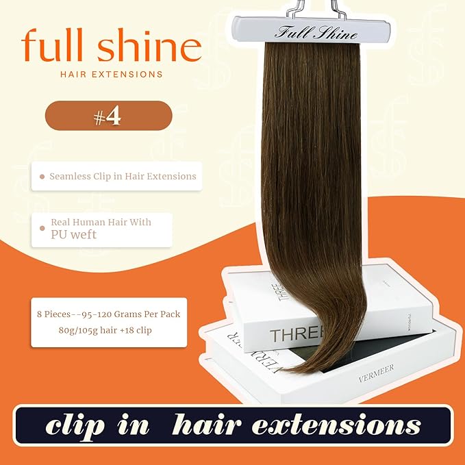 Full Shine Human Hair Clip in Extensions Brown Seamless Hair Extensions Clip ins PU Weft Medium Brown Human Hair Long Straight Hair 20 Inch 8 PCS 120 Grams