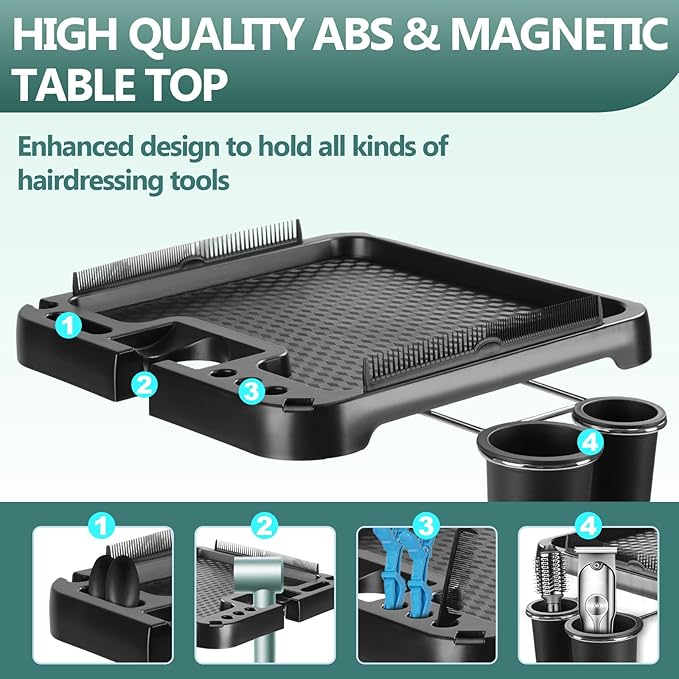 Professional Salon Rolling Tray Cart, Height Adjustable Storage Platform with Hair Tool Holders, Mobile Hairdressing Trolley with Wheels, Black