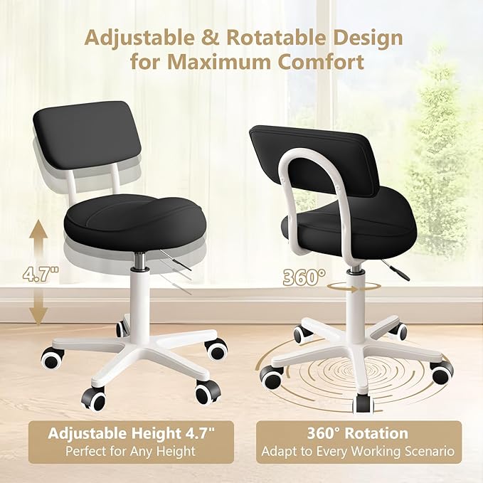 Ergonomic Esthetician Stool Chair with Back Support for Salon, Swivel Rolling Stool Height-Adjustable for Clinic Dentist Spa, Home Office, Drafting Work Task Chair