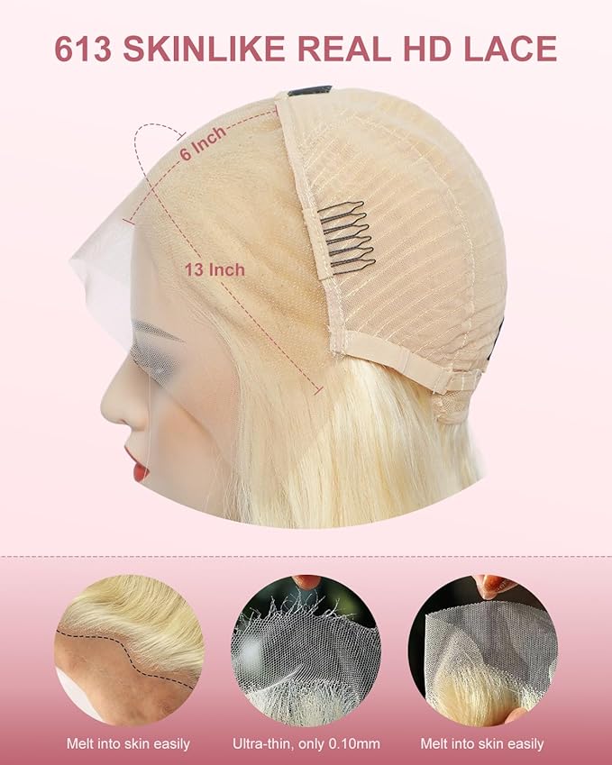 Real Hd 613 13x6 Lace Front Wig Human Hair Straight Pre Plucked Bleached Knots 200% Density 0.10mm Ultra-Thin Invisible Lace Blonde Wig Human Hair For Women 22 Inch
