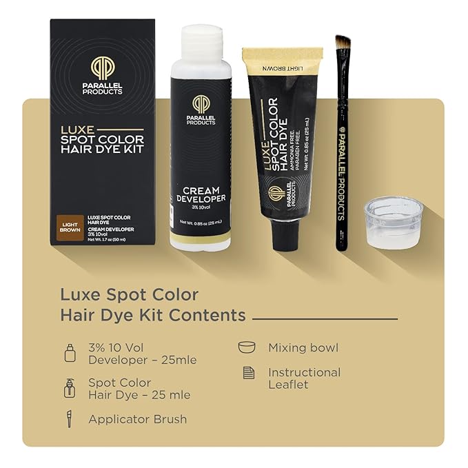 Parallel Products - Luxe Color (Light Brown) - Cream Hair Dye - 25mL - Tint for Professional Spot Coloring - With Cream Developer, Mixing Dish and Application Brush - Covers Grey Hair - Root Touch Up