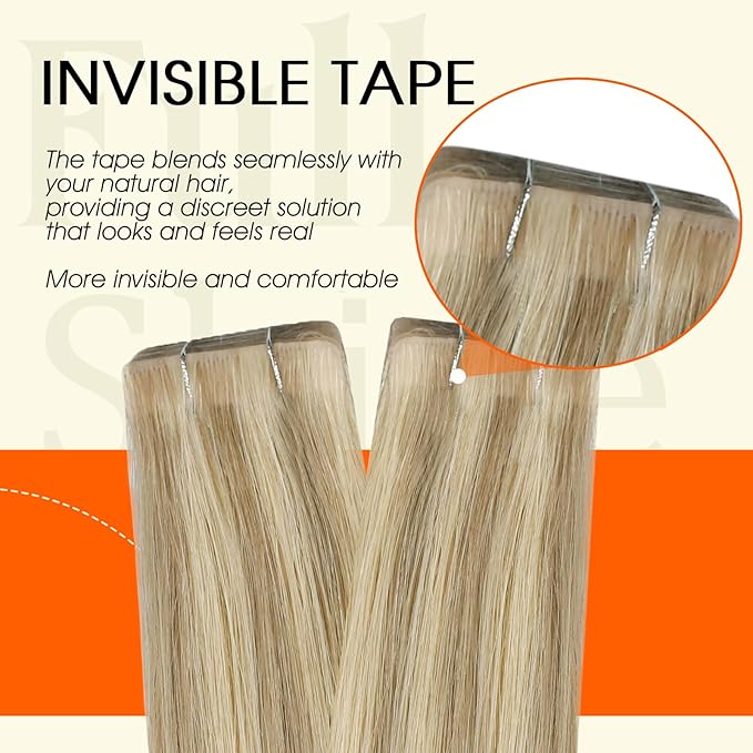 Full Shine Injected Tape in Human Hair Extensions Color 16 Highlight 22 Blonde 20Inch Intact Tape Extensions Human Hair 50G 20Pcs for Daily Office Look Long Lasting Adhesive Seamless Skin Weft