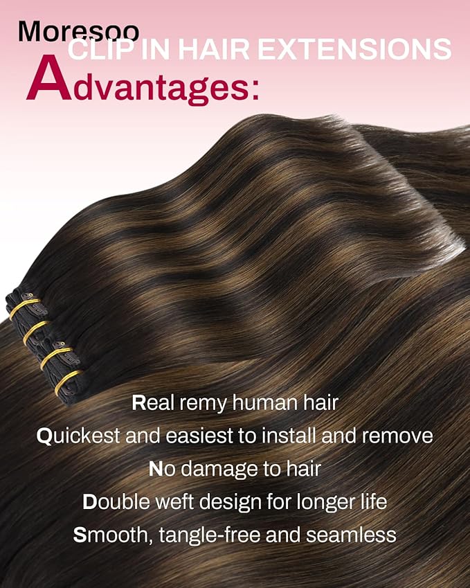 Moresoo Brown Balayage Clip in Hair Extensions Dark Brown to Chestnut Ombre Clip in Extensions Real Human Hair Short for Women Remy Human Hair Double Weft 80g/5pcs 14 inch