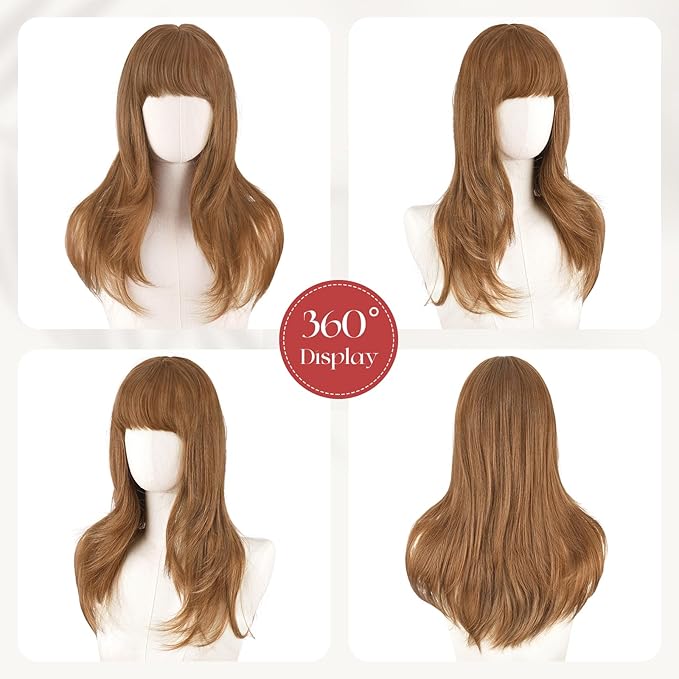 SOFEIYAN Long Straight Layered Auburn Blonde Wig with Bangs 24 Inch Synthetic Natural Hair Wig Soft Heat Resistant Long Wigs for Women Daily Party Use