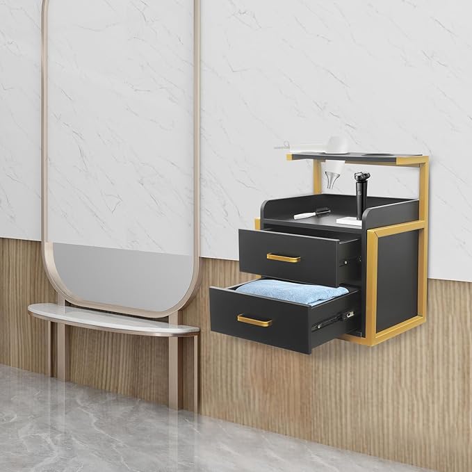 Suspended Salon Station for Hair Stylist, Wall Mounted Styling Salon Station Storage Cabinet w/2*Drawers &Hair Dryer Stand,Floating Nightstand Stylist Storage Cabinet for Home (Gold+Black)