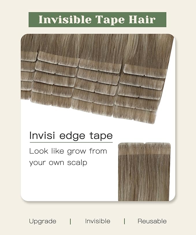 SURNEL Injected Invisible Tape in Extensions Human Hair Ash Brown to Platinum Blonde Seamless Remy Invisible Tape in Extensions 20Inch 20 Pcs 45g(#860,20)