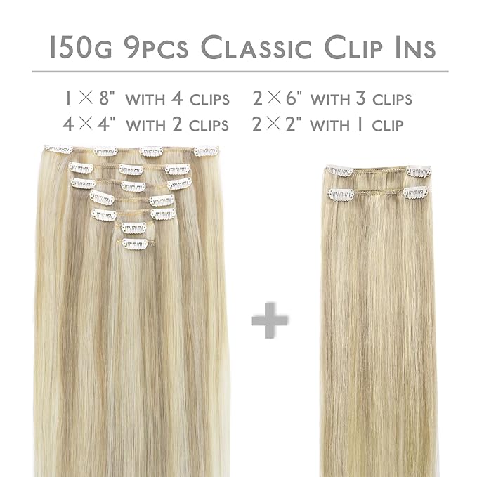 WENNALIFE Hair Extensions Clip In, 9pcs 14inch 150g Ash Blonde Highlighted Platinum Blonde Thicker Clip In Hair Extensions Real Human Hair Remy hair extension Double Weft Clip in Human Hair Extensions