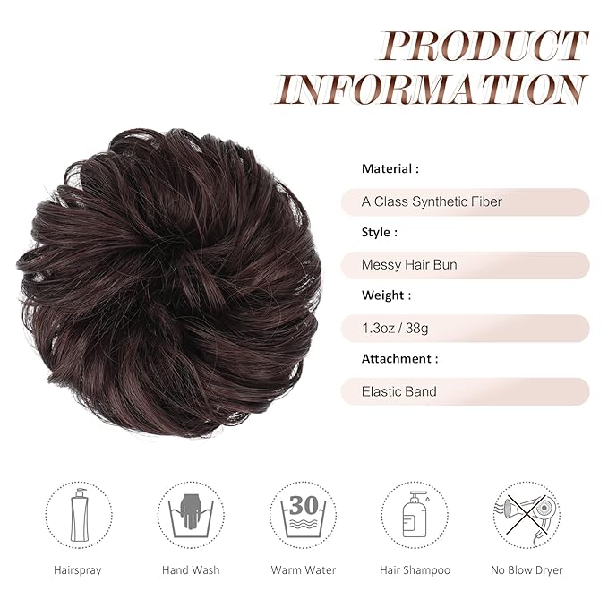 FESHFEN Messy Bun Hair Piece - Elastic Wavy Curly Hair Bun Scrunchies Extensions Synthetic Chignon Hairpieces for Women Girls, Black Cherry 1.5 oz