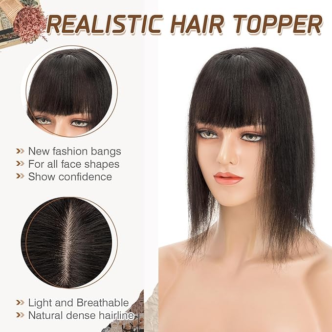 Rich Choices Real Human Hair Toppers for Women With Bang 100% Remy Human Hair Topper for Thinning Hair Clip in Silk Base Hair Topper 14 Inch #1B Natural Black