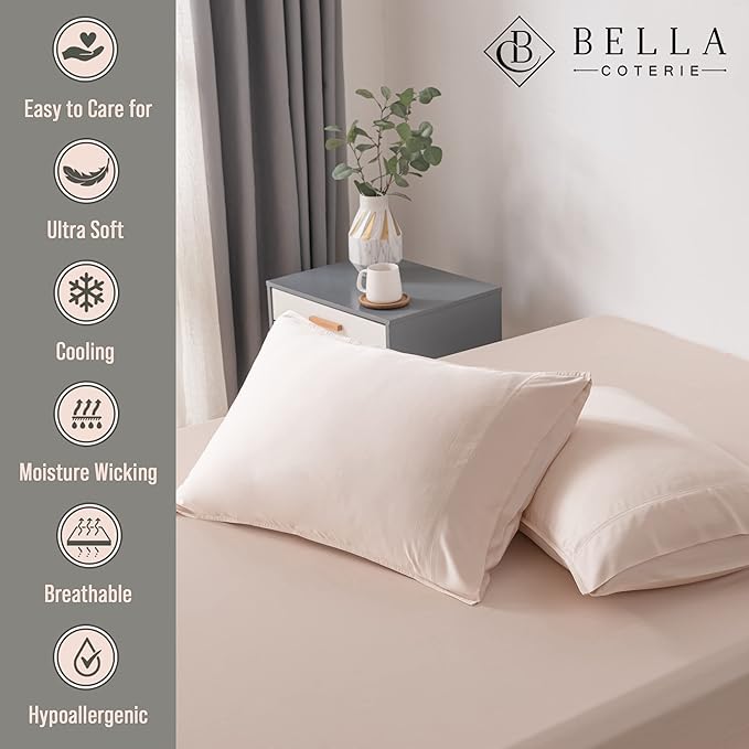 Bella Coterie | Luxury Bamboo Viscose Standard Size Pillowcase Set | 100% Organically Grown | Ultra Soft | Cooling | 2 Pcs [Champagne]