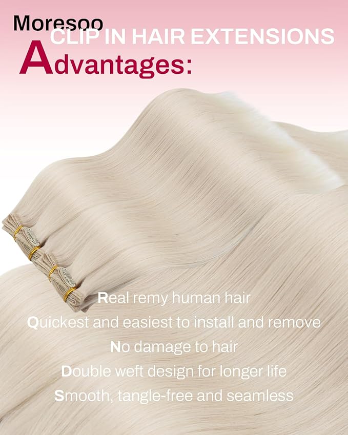 Moresoo Seamless Clip on Hair Extensions Lightest Blonde Straight Human Hair Clip in Full Head Extensions #60A 7Pcs 120G 16inch