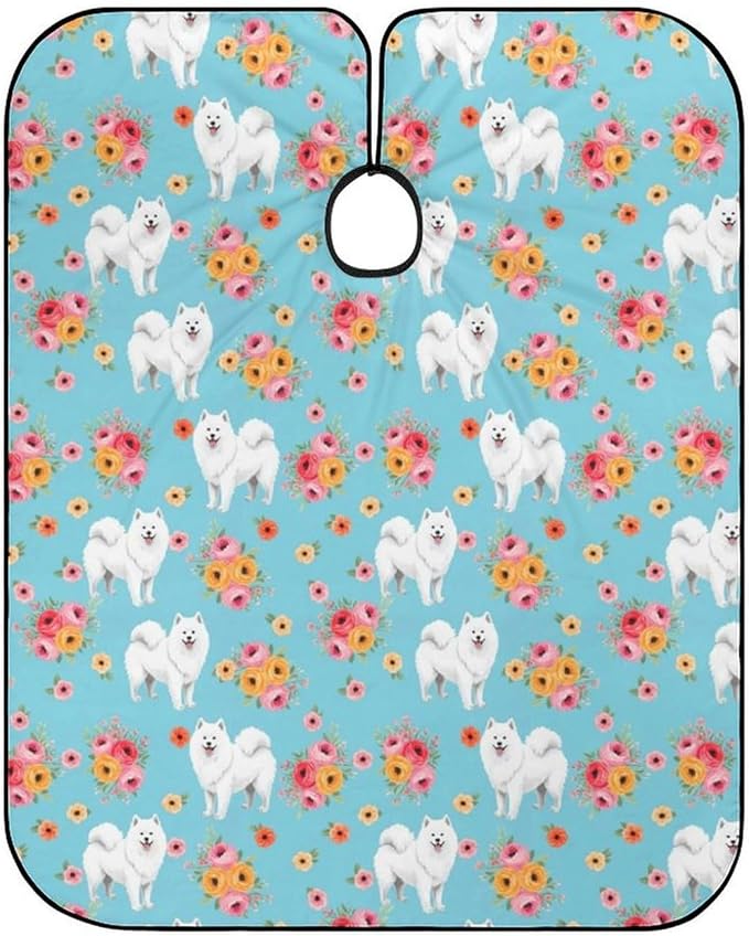 Extra Long Professional Salon Cape, Samoyed Dogs Floral Dog Dyeing Salon Apron Haircut Cloth Wrap Protector for Hair Cutting