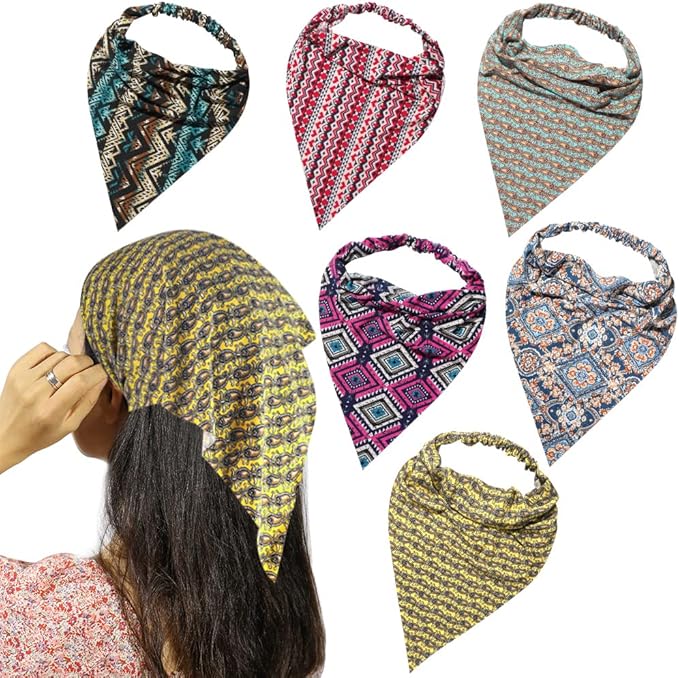 6 Pack Hair Scarf Headband for Women Elastic Bandana Head Scarf Large Boho Triangle Kerchief with Clips Non Slip Scarves