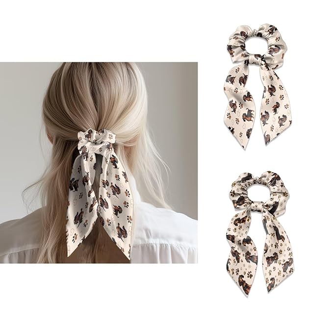 Dachshund Cute Hair Scrunchies with Ribbon 2 Pcs Paw Print Knotted Bow Satin Scarf Scrunchy Travel Accessory Animal Bow Hair Ties for Girls