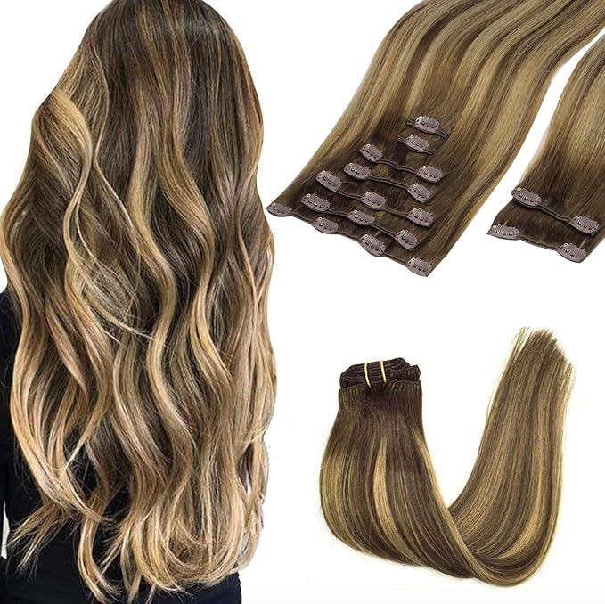 GOO GOO Clip in Hair Extensions Real Human Hair, Remy Human Hair Extensions Clip ins for Women, Natural Human Hair, 26inch 260g 9Pcs, #4/27/4 Balayage Chocolate Brown to Caramel Blonde