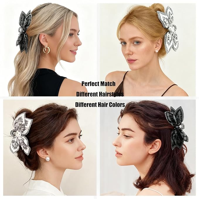 2Pcs Bow Claw Clips Boho Bandana Hair Bow Butterfly Styling Large Hair Clips for Women Large Claw Clips for Thick Hair (White+Black)
