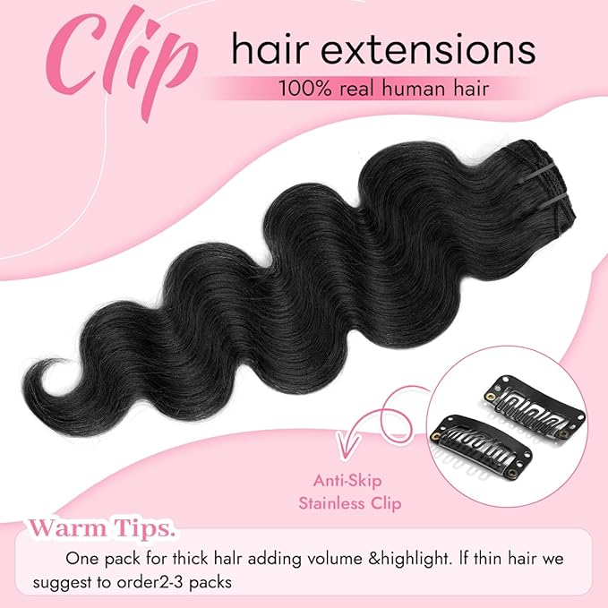 Clip in Hair Extensions Real Human Hair Body Wave 1 Jet Black Clip in 100% Brazilian Remy Human Hair Extensions 8pcs Per Set with 18 Clips Double Weft 16 Inch 90g/3.6oz