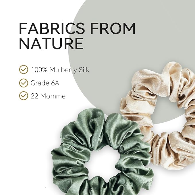 22 Momme 100% Mulberry Silk Scrunchies (2 Pack, Cream White), Well-Hold Elastic for No-Damage, 6A, Soft Hair Ties, Reduces Frizz & Breakage, OEKO-TEX Certified