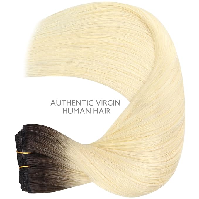 WENNALIFE Clip in Hair Extensions, 22 Inch 120g 7pcs Clip in Hair Extensions Real Human Hair, Ombre Light Dark Brown to Platinum Blonde Remy Hair
