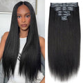 Seamless PU Yaki Straight Clip in Hair Extensions Real Human Hair For Women Invisible Yaki Straight Clip ins (22inch,#1B)