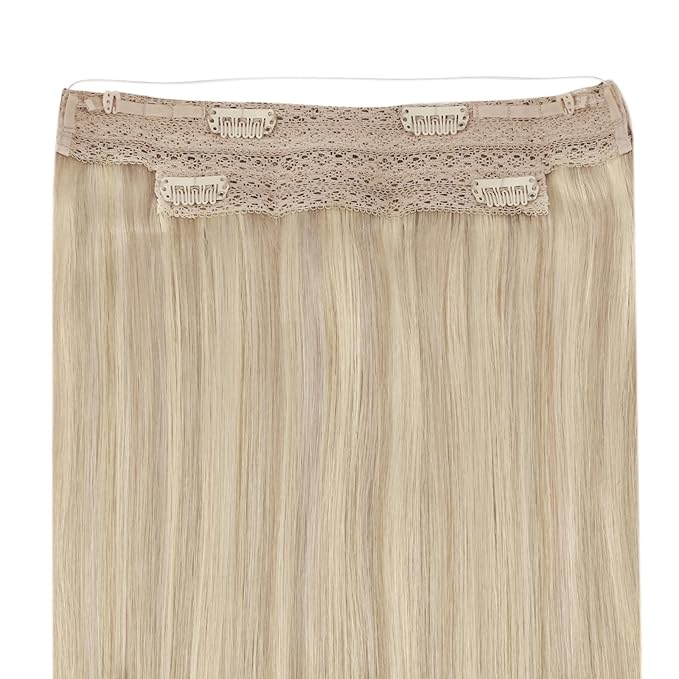YoungSee Invisible Wire Hair Extensions Blonde Wire Human Hair Extensions Ash Blonde Highlights Bleach Blond Human Hair Fish Line Extensions Short Straight Hair 12inch 70G