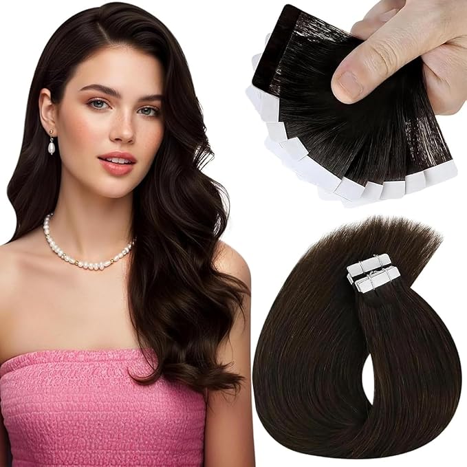 Sunny Hair Tape in Hair Extensions Real Human Hair Invisible Remy Hair Extensions Tape ins for Women Darkest Brown 20 inch 25G