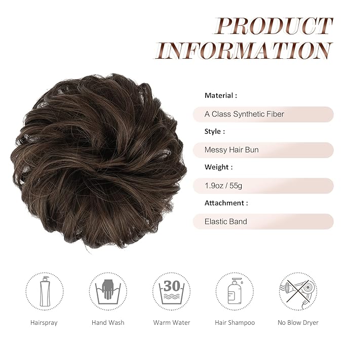 FESHFEN Messy Bun Hair Pieces - Large Wavy Curly Elastic Hair Bun Scrunchies Ponytail Extensions Synthetic Chignon Hairpieces for Women, Dark Brown & Light Auburn Mixed 1.94oz