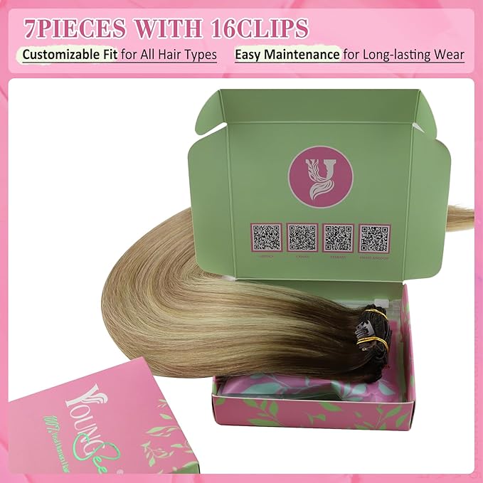 YoungSee Clip in Hair Extensions Human Hair Brown Ombre Clip in Human Hair Extensions Walnut Roots to Light Brown with Blonde Clip in Extensions Ease of Use 18Inch 7Pcs 120G