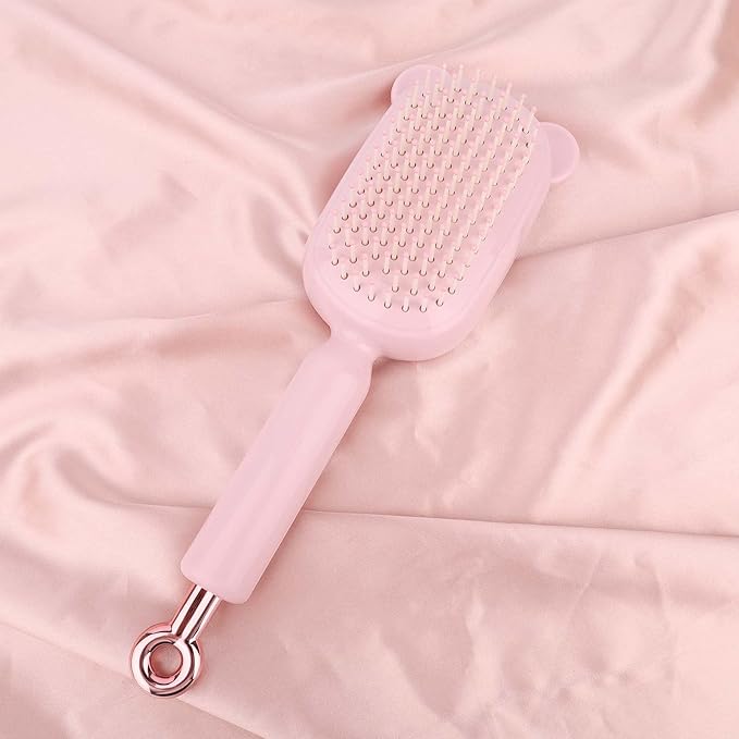 Retractable Air Cushion Massage Comb for Woman, Comfortable Self-Cleaning Detangling Hair Clean Brush with Pull Ring Anti-Static Comb for All Hair Types (Pink)