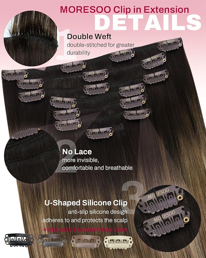 Moresoo Clip in Extensions Real Human Hair Balayage Remy Straight Double Weft Clip in Human Hair Extensions for Fashion Women Party Ombre Dark Brown to Golden Brown with Dark Ash Blonde 7Pcs 120G 16in