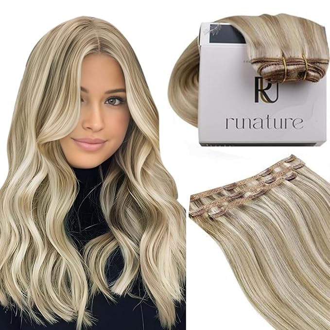 RUNATURE Brown Human Hair Clip in Extensions, 20 Inch Clip in Hair Extensions Real Human Hair, Long Hair Extensions Clip Ins, Remy Natural Hair, Add Length, 50g 3pcs #8P60 Ash Brown Highlight