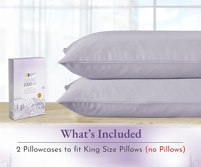 California Design Den King Size Pillow Cases Set of 2-1000 Thread Count, Soft and Smooth Sateen Weave, 100% Cotton Pillow Cover, Thick and Durable - Lavender Grey