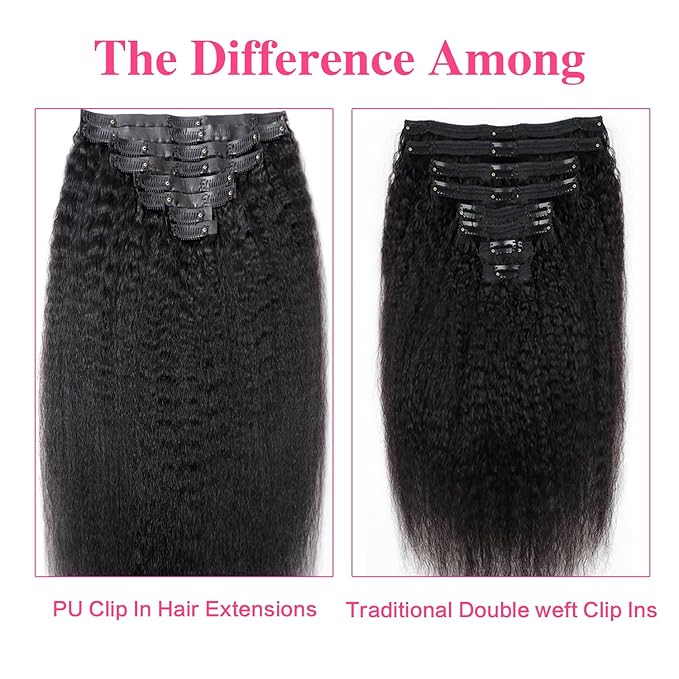 Seamless Kinky Straight Clip Ins Hair Extension Real Human Hair 18 Inch PU Kinky Straight Clip In Hair Extensions Human 8 Pcs/120g(18inch,Natural Black)