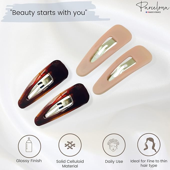 Parcelona French Mini Set of 4 Small Celluloid Acetate Snap Hair Clips No Slip Fashion Durable Styling Women Hair Accessories Girls Snap Hair Barrette, Made in France (Blush Pink-Shell Brown)