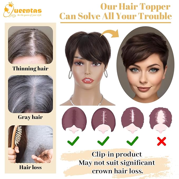 QUEENTAS Brown Short Hair Toppers for Women with Thinning Hair 360°3D Cover with 3 Clips Hair Pieces Wispy Bangs 4.6"*3.6" Coverage(Dark Brown/#2)