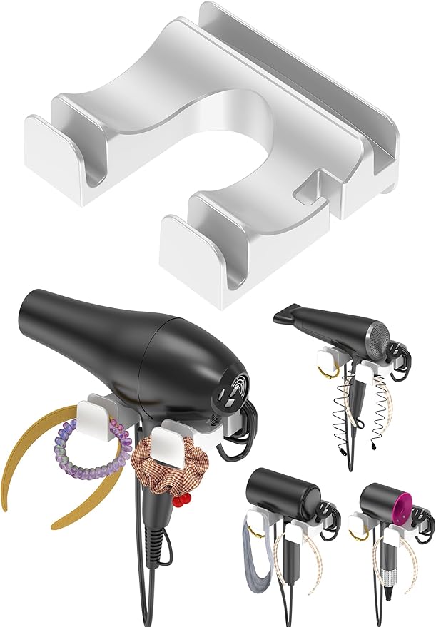 Universal Hair Dryer Holder Wall Mounted, Blow Dryer Holder Cabinet Door, Hairdryer Holder for Bathroom, Hair Dryer Storage Rack Fixed by Screw or Adhesive (White)