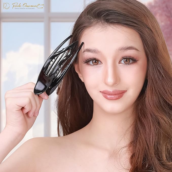 RC ROCHE 6 Pcs Flat Hair Clips Big Claw for Thick Hair French Duckbill Women No Slip Side Slide Curved Alligator Concord Strong Grip Hold Volume Lay Down Clamp, Large Black