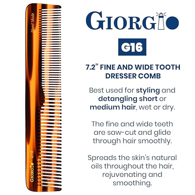 Giorgio G16 Fine Tooth and Wide Tooth Detangler Comb - Hair Comb for Men and for Women, Hair Styling Barber Comb, Beard and Mustache Combs for Men - Saw Cut and Handmade (Tortoiseshell)