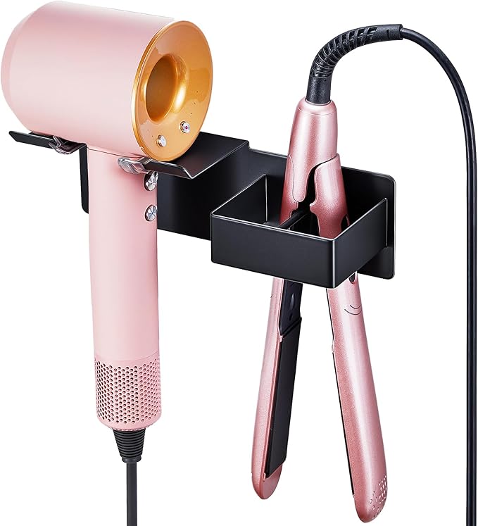 Hair Dryer Holder, Hair Straightener Holder Wall Mount, Hair Tool Organizer, Hairdryer and Straightener Holders, Adhesive Hair Tool Storage for Blow Dryer, Curling Iron, Flat Iron Stand (Black)