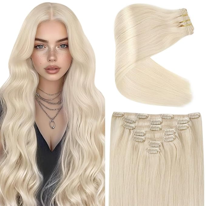 Ve Sunny Clip in Human Hair Extensions Platinum Blonde Clip in Hair Extensions Real Human Hair Clip on Extensions Human Hair Daily Use 120g 7pcs 16inch