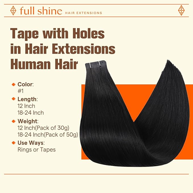 Full Shine Invisible Tape in Hair Extensions Human Hair Holed Tape in Extensions Color 1 Black 18Inch 20PCS Black Tape in Extensions Real Human Hair 50G Straight Seamless Glueless Soft Remy
